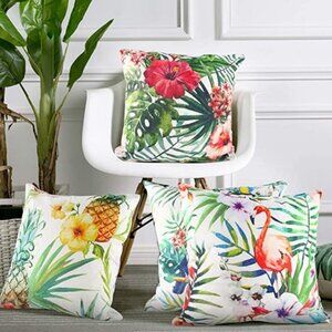 Decorative Tropical Design Throw Pillow Covers | Set of 4 | 18x18 | Linen Blend